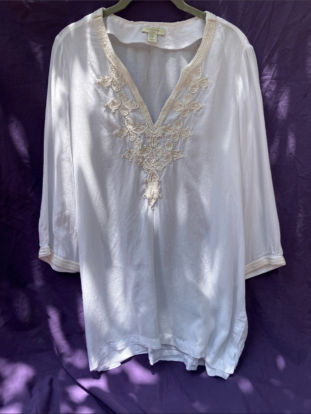Saint Tropez West White Tunic with Cream Embroidered V-Neck